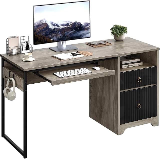 home table with drawers, modern writing desk, grey, oak work from home, modern work/writing/study table for bedroom.
