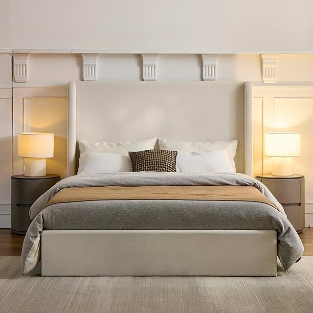 (Box 1 of 2) Upholstered Platform Bed Frame, Headboard Carmen Wingback Bed, Fully Upholstered Mattress Foundation, No Box Spring Needed No Noise, Minimalist