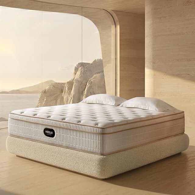 similar to stock photo. 12 inch queen size mattress, medium firm, beige and white, fiberglass free,