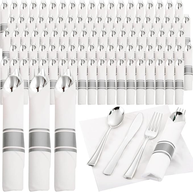 supernal silver plastic silverware rolled plastic set 