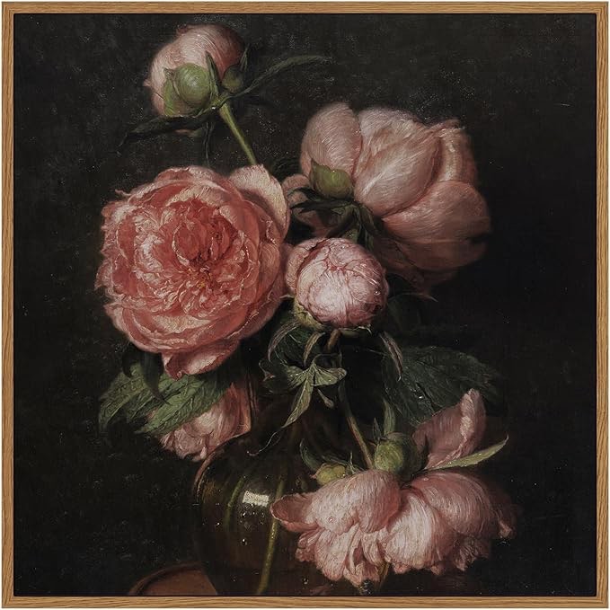 InSimSea Square Framed Canvas Wall Art, Flower Vintage Floral Peony Paintings Wall Prints, Wall Art for Living Room, Office Decor, Kitchen Bathroom, Home Wall Decor 12"x12"