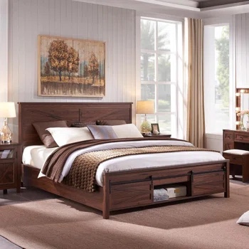 Argana Farmhouse Wood Bed Frame with Headboard and Sliding Barn Door