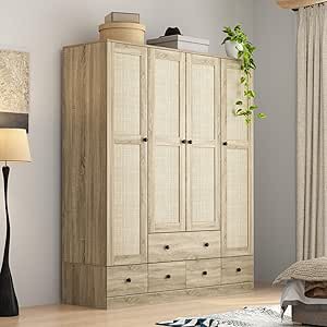 Brown Wood Grain 59 in. W Rattan Doors Design Armoires Wardrobe with 5-Drawers, 2-Hanging Rods (70.8 in. H x 18.8 in. D)
