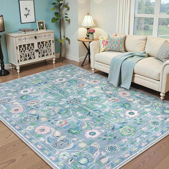 Anidaroel Blue Floral Rugs Fof Living Room 8 x20, Washable Boho Area RugsFor Bedroom Vintage soft Nursery Rug, Non-Slip Stain Resistant Dining Room Mat Carpet For Kids Playroom Office 