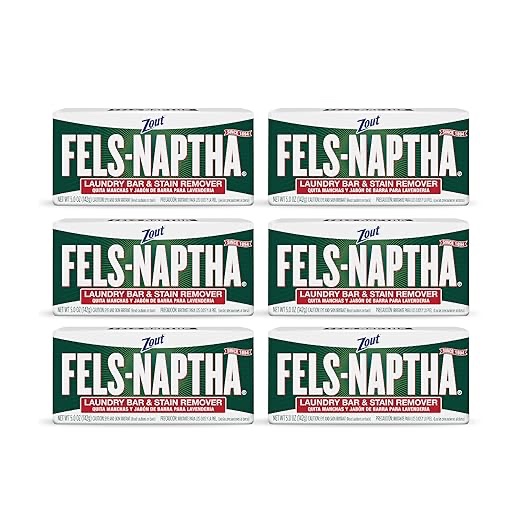 Zout Fels-Naptha Laundry Bar and Stain Remover, Tough Stain Removal, 5 Ounce Bar, 6-Pack