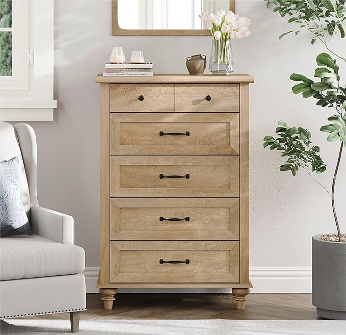 ((( style may slightly differ from stock photo))) WAMPAT Oak Dresser for Bedroom with 5 Drawers, Tall Kids Dressers with Wide Chest of Drawers, Mid Century Modern Wooden Closet Storage Organizer, Small Dressers for Nursery, Living Room, Hallway