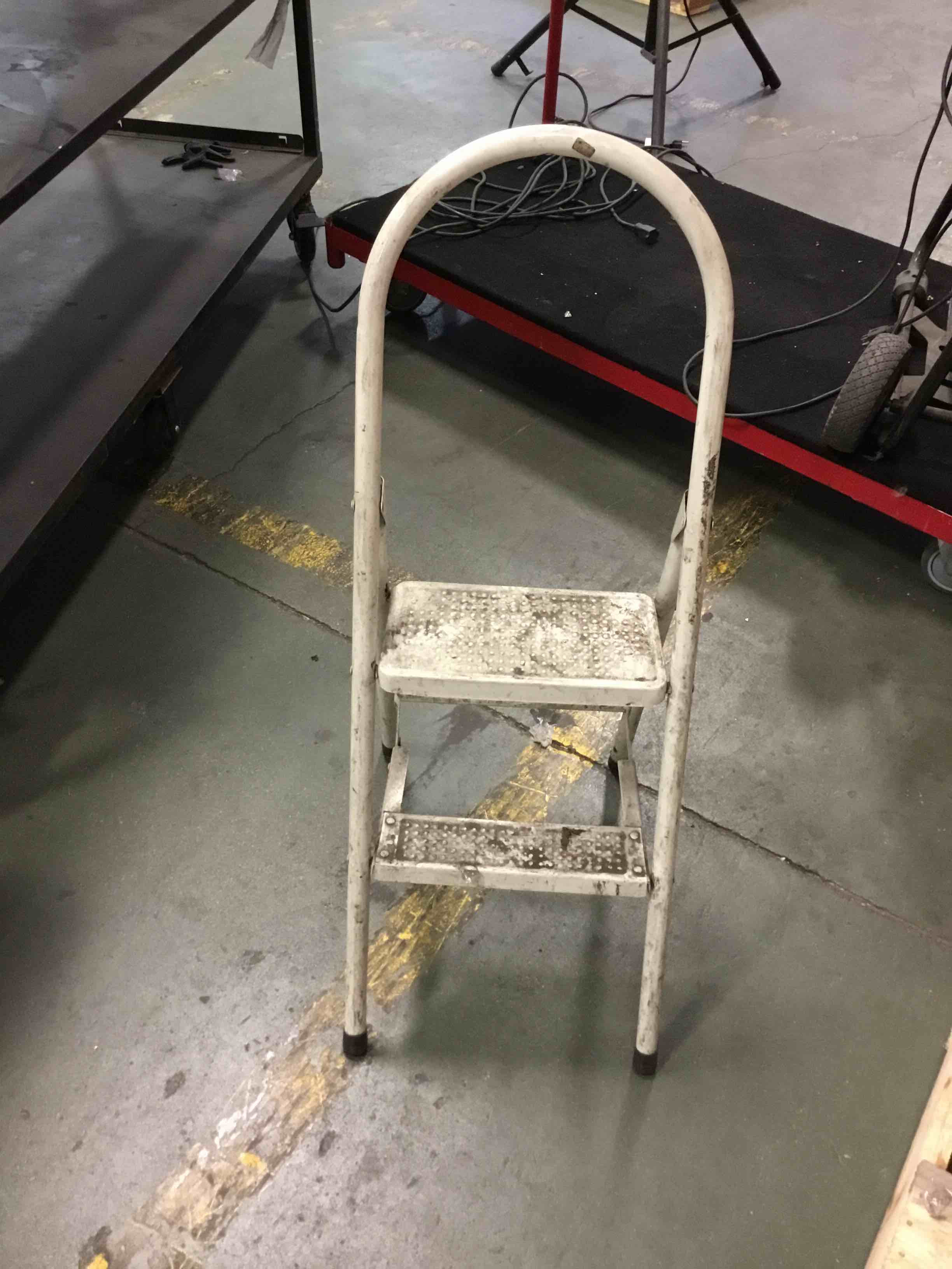 Condition photo showing As Is for metal folding step stool – 2 steps - white