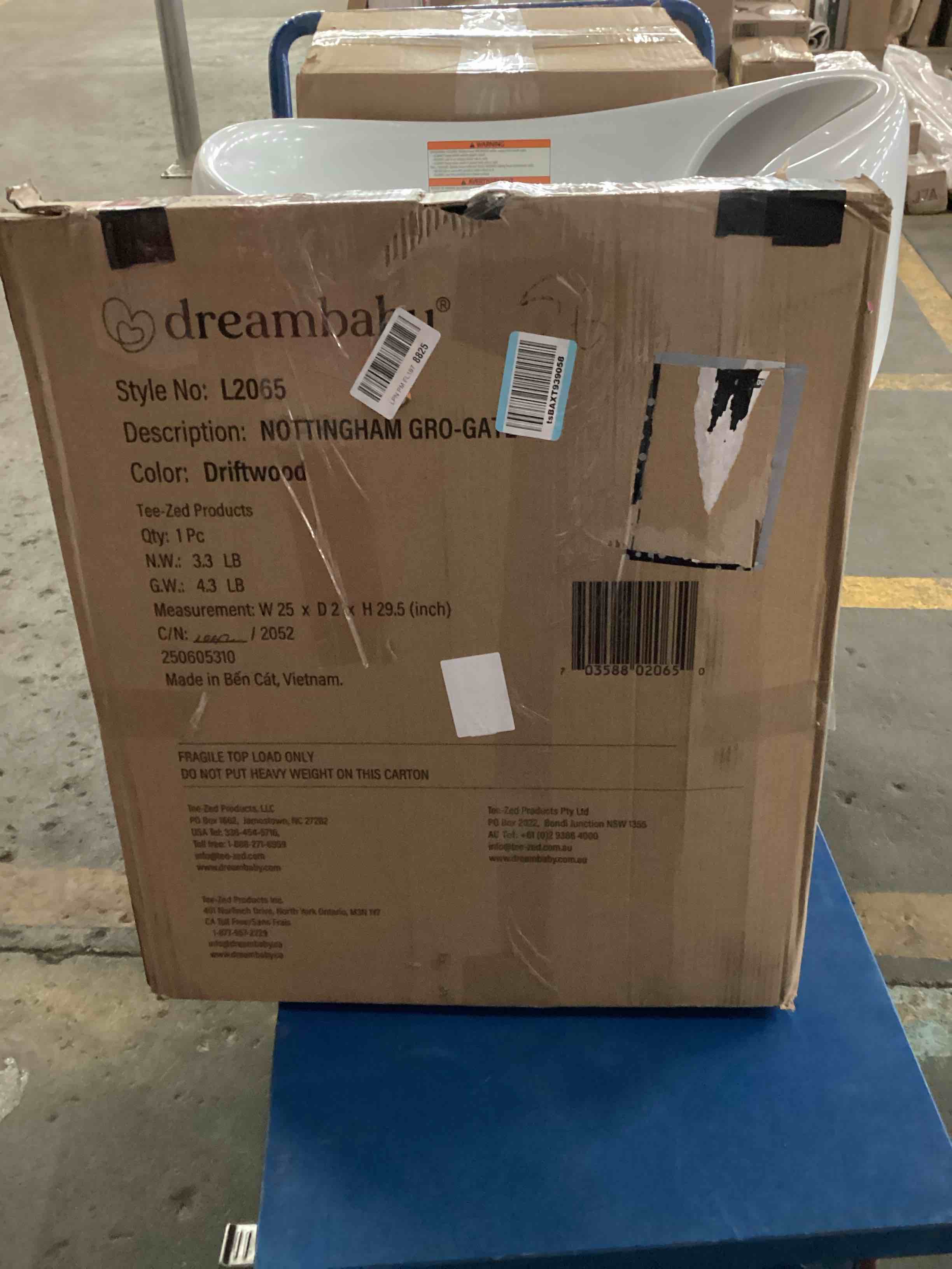 Condition photo showing As Is for dreambaby 27.5-41" nottingham rustic wooden baby gate for stairs and doorways - two mount options: drill-in walk through or no screw barrier - farmhouse style for kids and pets