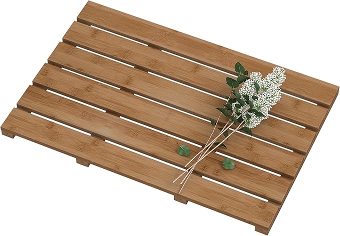 bamfan bath mat for bathroom luxury shower - non-slip bamboo wooden waterproof floor mat for indoor or outdoor use 617-bwbm