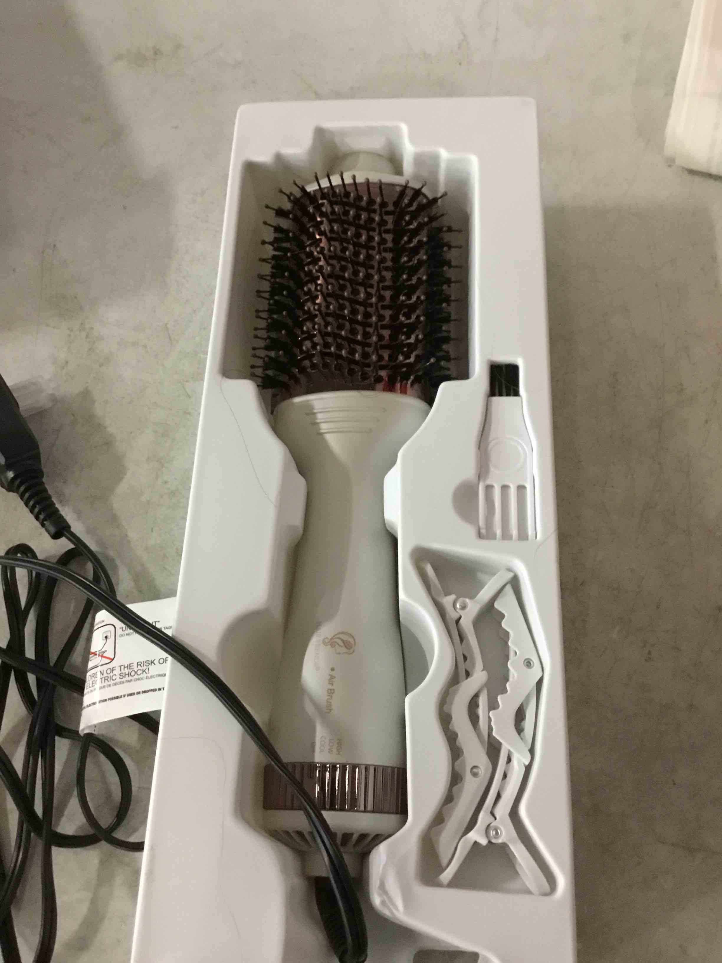Condition photo showing As Is for 1200w big size professional hair dryer brush blow dryer brush in one, 110v-220v hot air straightener brush for smooth frizz-free blowout, fast dry & style 75 mm white & rose gold