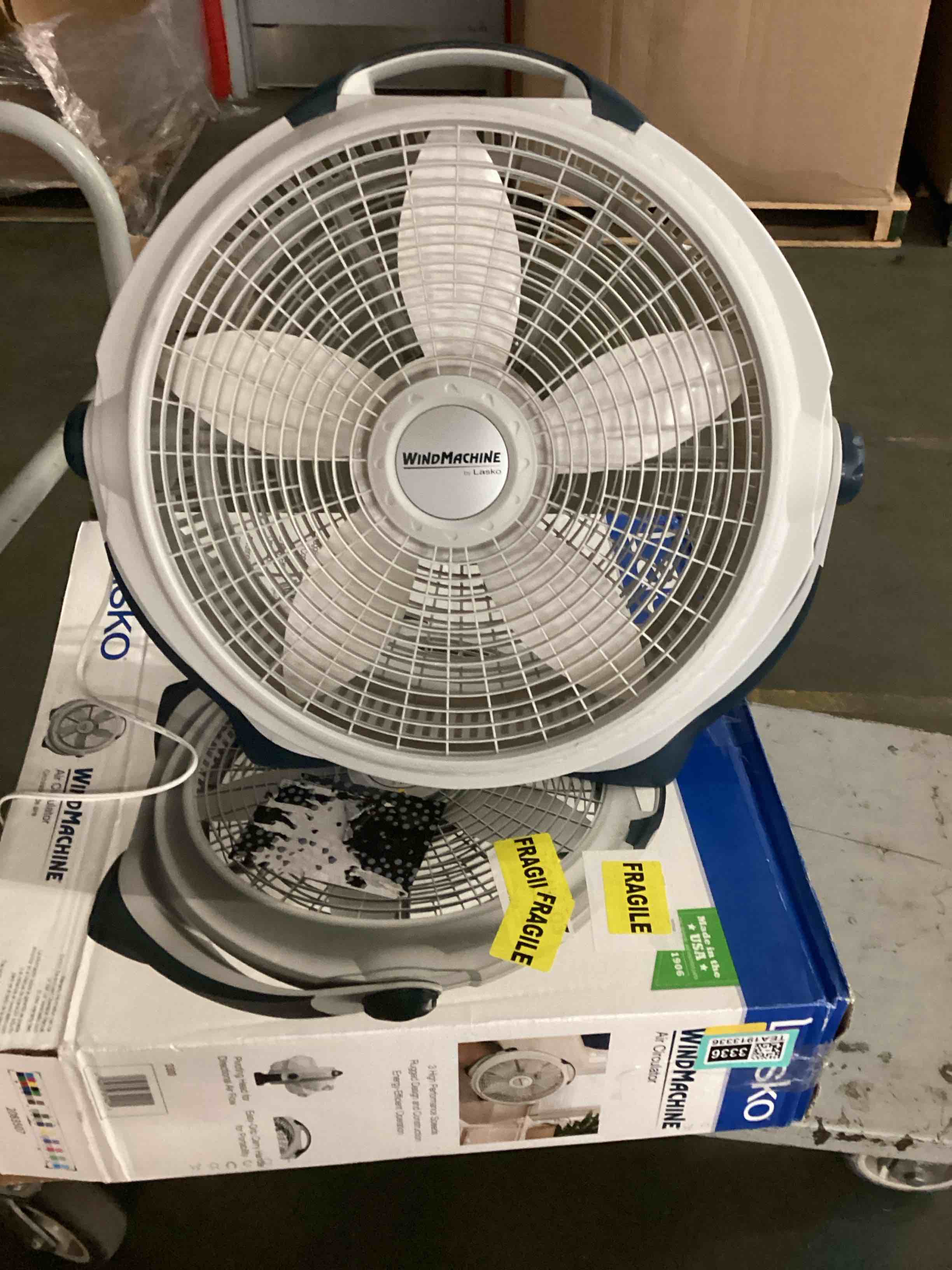 Condition photo showing As Is for lasko wind machine fan, air circulator fan with 3 speeds, 20" model 3300, gray