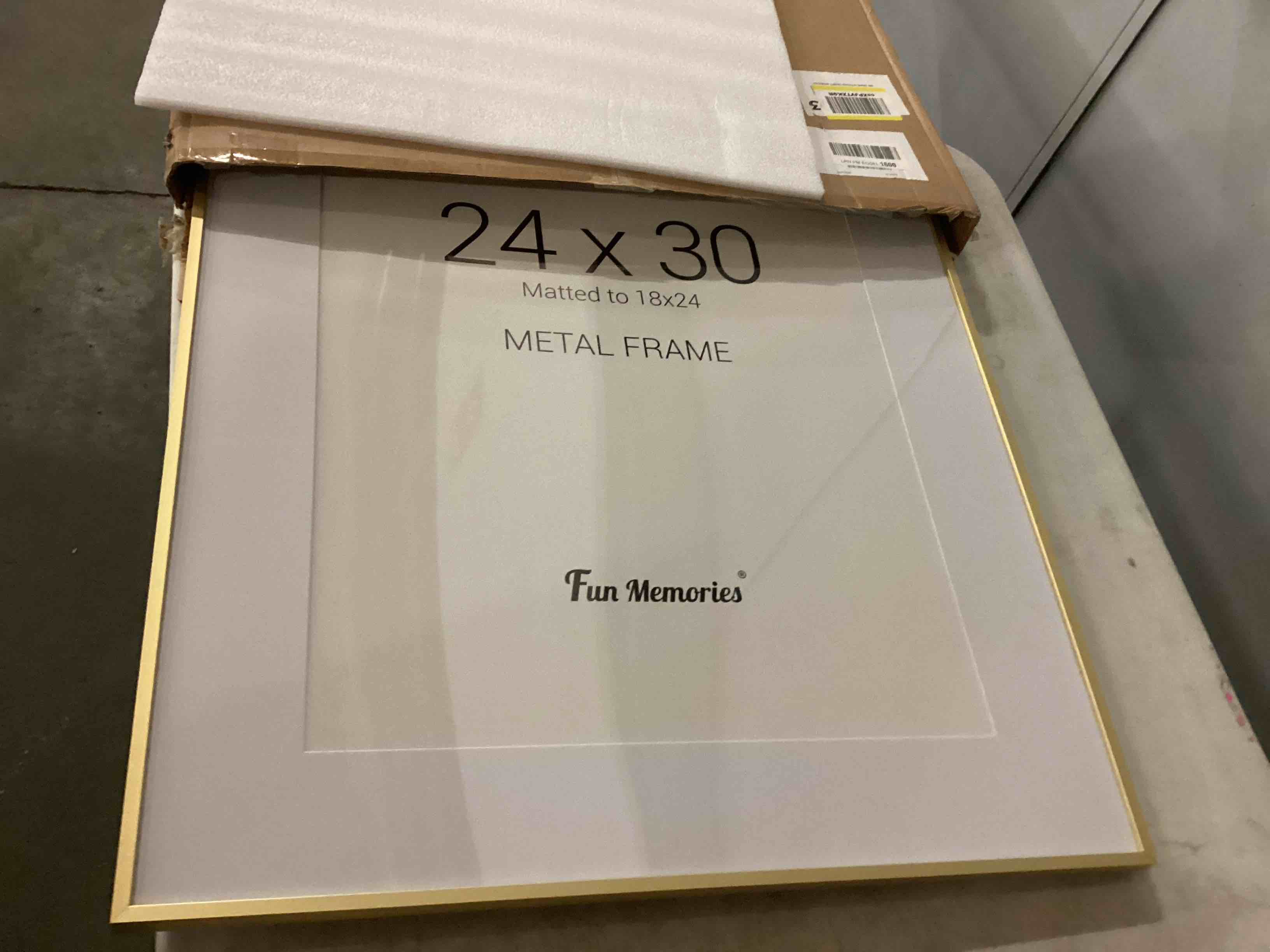 Condition photo showing New/Like New for fun memories 24x30 gold frame, 24x30 metal poster frame with mat for 18x24 photo - high definition plexiglass - vertical and horizontal display - wall hook hanging hardware included -set of 1 usa-sourced aluminum gold 24x30,1p