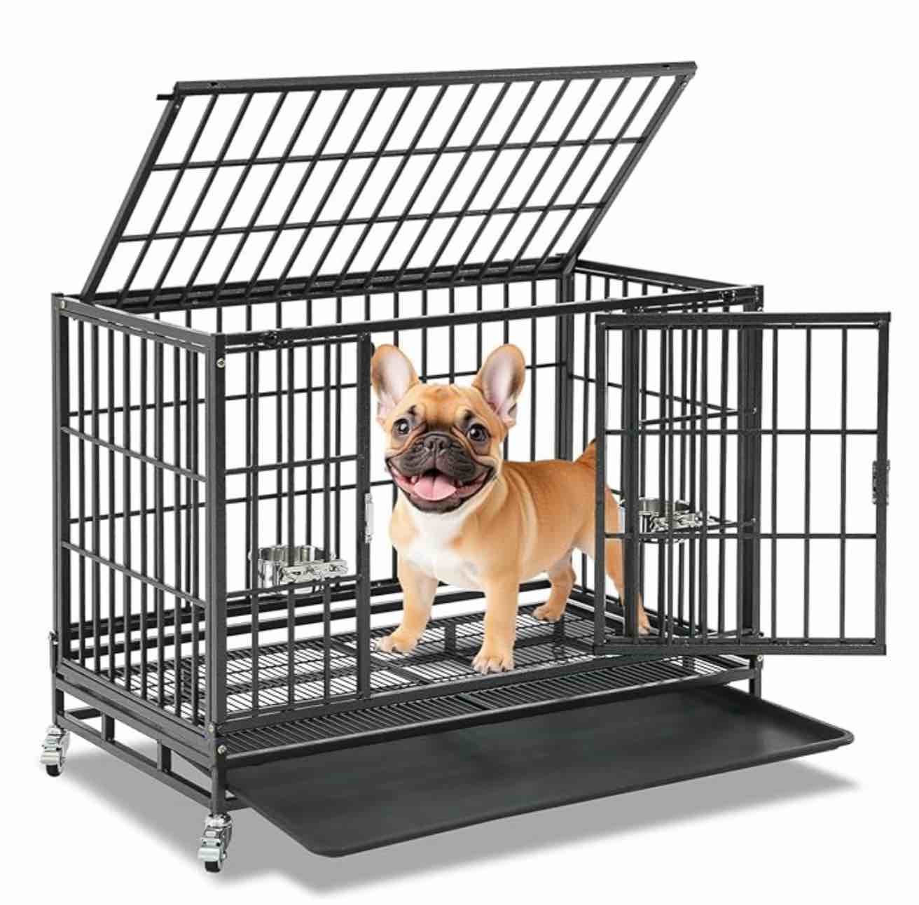 Homey Pet 37 inch Stackable Heavy Duty Dog Crate, Indestructible Escape Proof Dogs Cage Kennel with Lockable Wheels, Removable Tray & Metal Grid, Double Doors for High Anxiety Medium/Small Dogs