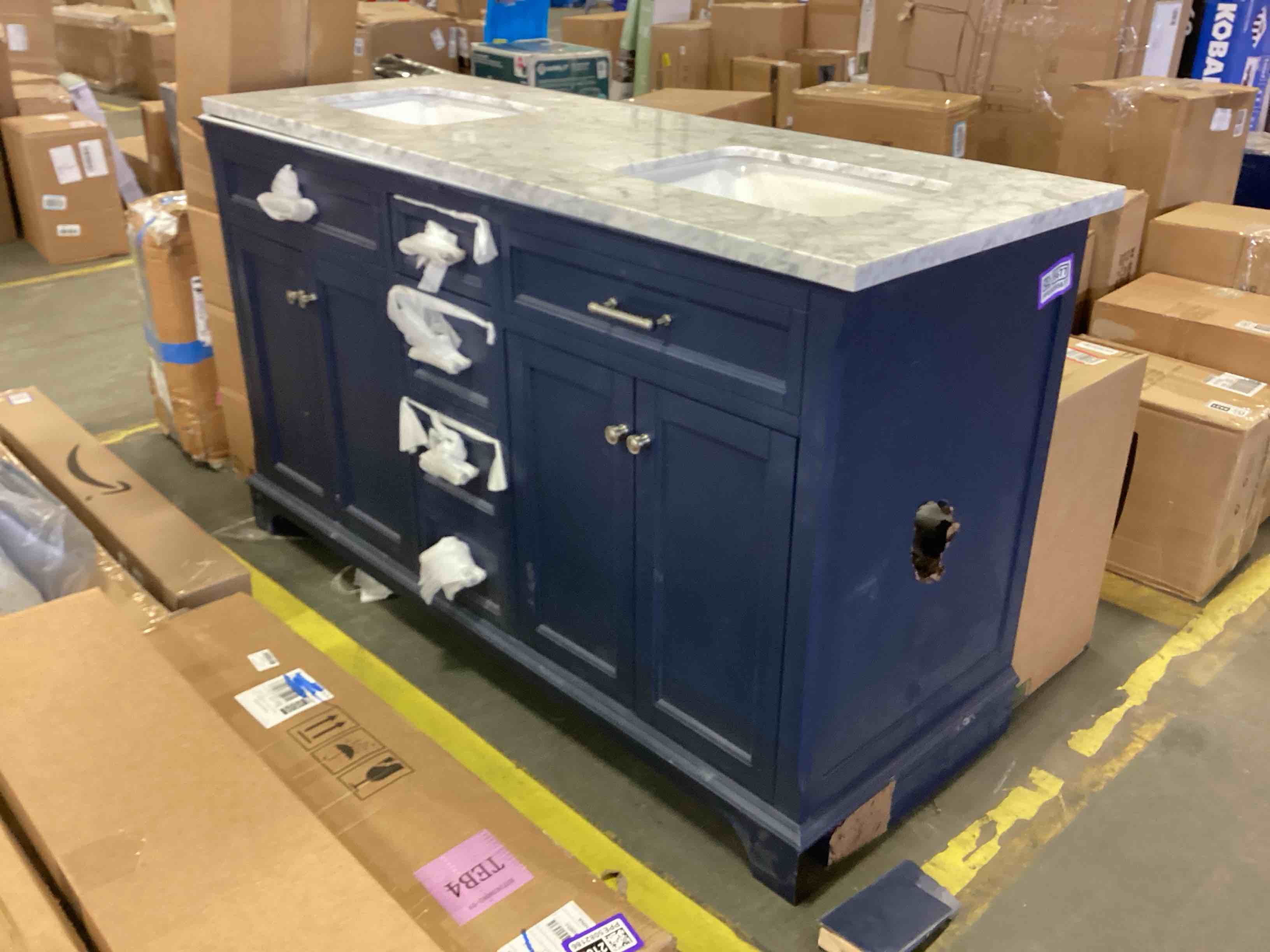 Condition photo showing As Is for allen + roth roveland 60-in royal navy undermount double sink bathroom vanity