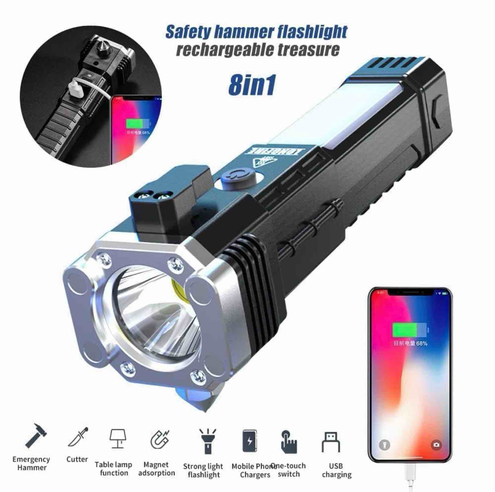 Condition photo showing New/Like New for DRAWBRIDGE 1 pc Torch Light,LED 3W Torch Light Rechargeable Torch Flashlight,Long Distance Beam Range Car Rescue Torch with Hammer Window Glass and Seat Belt Cutter Built Portable Rechargeable