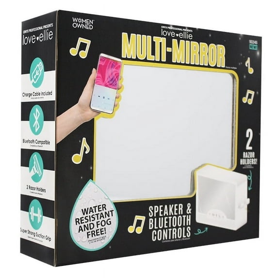 Love Ellie Brigette Fogless Shower Mirror with Lights & Bluetooth Speaker, White Finish, Suction Cup Mount