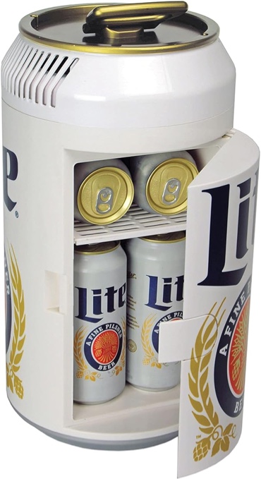 Miller Lite 8 Can Portable Mini Fridge w/ 12V DC and 110V AC Cords, 5.4L (5.7 qt) Beer Can Shaped Personal Cooler, White, Travel Fridge for Beer, Snacks, Lunch, Drinks, Home, Office, Bar, Dorm, RV