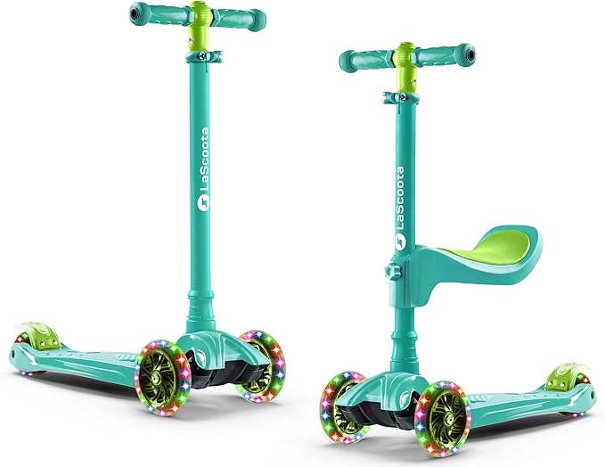 LaScoota 2-in-1 Kids Kick Scooter, Adjustable Height Handlebars and Removable Seat, 3 LED Lighted Wheels and Anti-Slip Deck, for Boys & Girls Aged 3-12 and up to 100 Lbs