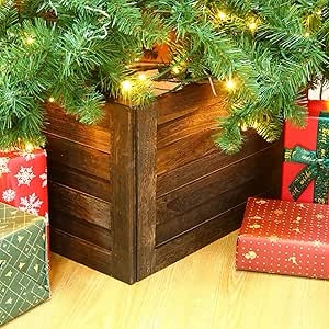 Wood Christmas Tree Collar Box Washed Tree Stand Cover Rustic Christmas Tree Box Skirt Farmhouse Christmas Tree Skirts Replacement Blocks for Christmas Tree Decorations, 22 x 12 Inch (Brown)