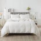 Cotton Boho Bedding King White Pompom Duvet Cover Set 3 Pcs Waffle Weave Coconut Quilt Cover Reversible Cotton Soft Breathable Comforter Cover for Baby Teen Girls