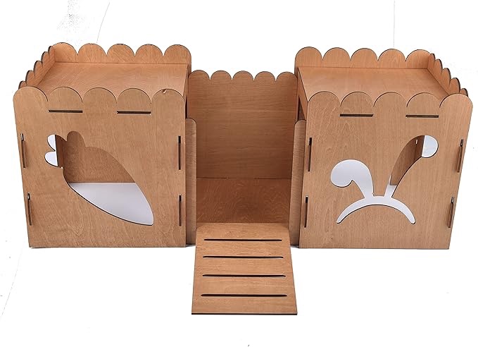 RobinEllis Rabbit Toys,Wooden Rabbit Hideout,Handmade Bunny Castle,Rabbit House, Rabbit Castle, Rabbit Bed, 2 Rabbits, Rabbit brown