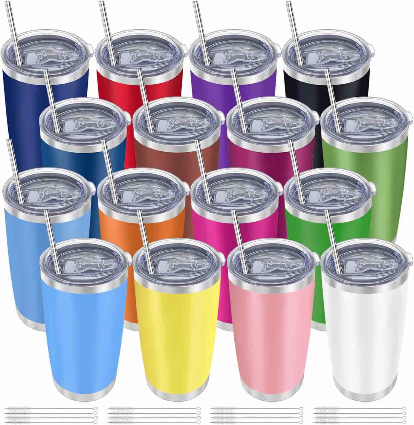 YOUKE OLA 16 pack Sta rinks Assorted colors 16 Pack Insulated Coffee Tumbler - 20oz Stainless Steel Double Wall Vacuum Travel Tumbler Cup with Lid and Straw for Cold & Hot Drinks (Mixed Colors)