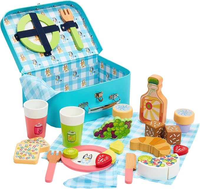Bluey  Picnic Basket Set  30 Piece Wooden Roleplay Toy with Carry Case, Cutlery & Pretend Food Accessories for Kids  FSC-Certified Material  Fun Imaginative Kit for 3 Years and Up