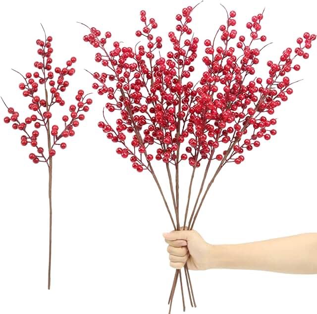 Mklsit 6 Pack Artificial Red Berry Stems 25.2 Inch, Long Christmas Red Berries Faux Red Berry Picks for Christmas Tree, Red Holly Berry Branches for Christmas Floral Arrangements Vase Decorations