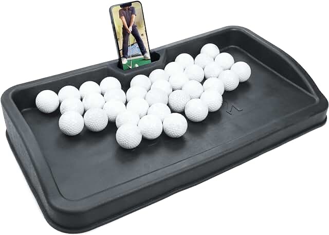Heavy Duty Rubber Golf Ball Tray - with Cell Phone Holder Record Golf Swing - 100 Ball Capacity - High Impact Golf Tray Compatible with All Hitting Mats