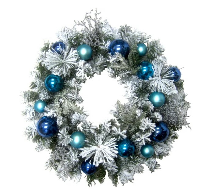 Fraser Hill Farm 24" Aqua Blue Ornament/Berry Snowy Wreath on Mixed PVC