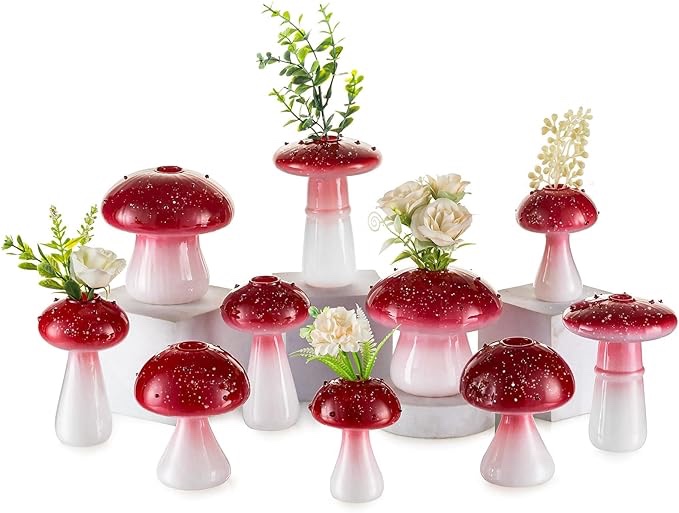 Hewory Glass Mushroom Vase for Flowers: 10pcs Unique Colored Small Bud Flower Vases, Plant Propagation Jars Hydroponic Planters, Funky Cute Decor for Home Room Kitchen Office Windowsill Decorations