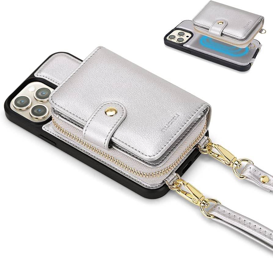 nuoku Intended for iPhone 14 pro Case Wallet, Magnetic Detachable Crossbody Wallet Compatible with iPhone  Case, 2 Straps Wristlet Zipper Purse with RFID Blocking Card Holder for Women (Gray) Gray iPhone 14 pro 