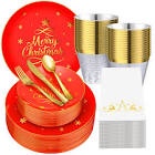 Sliner 210 Pcs Christmas Party Tableware Christmas Disposable Plates and Cups Xmas Cutlery and Napkins for Serves 30 Guests Party Supplies(red  and Gold)