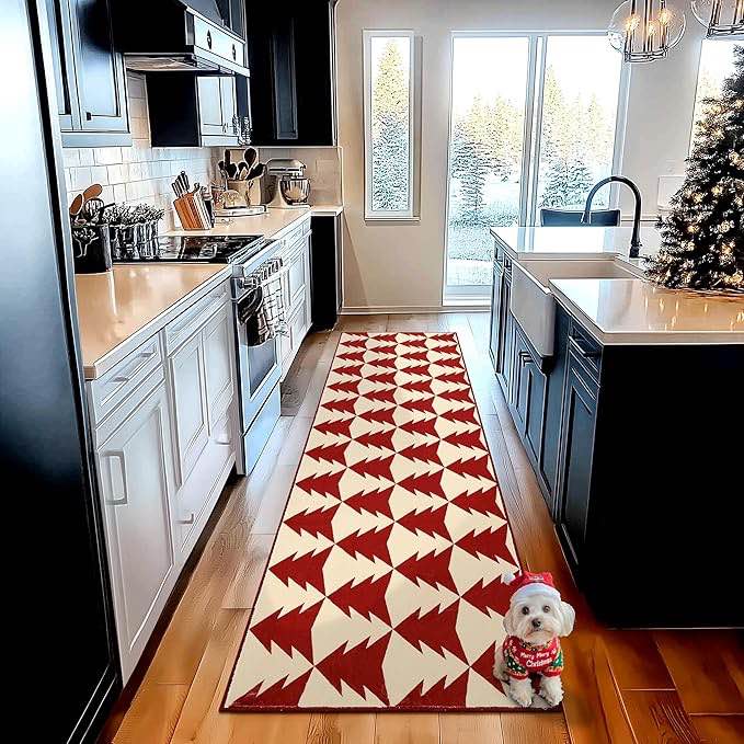 collact christmas runner rug 3’x8’ red hallway rug red on cream xmas tree runner kitchen rug washable rug non slip holiday decorative floor carpet soft rug for bedroom bathroom laundry living room 3’x8’ tree red on cream