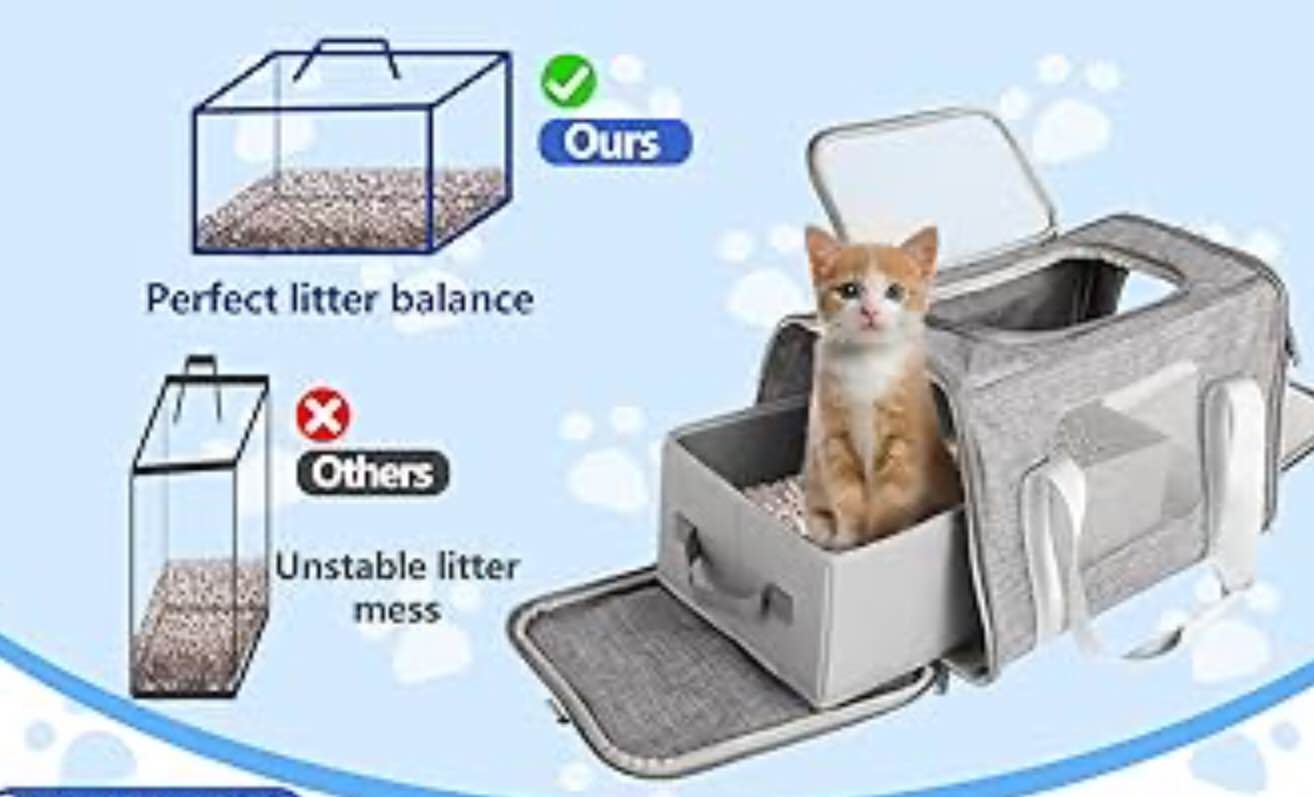 Airline-Approved Cat Carrier with Litter Box, 17x11x12” Soft Travel Litterbox up to 18 lbs Cats, Large Portable Carrier for Long Car Trips, Comes with Litter Scoop, Water Bowl, Pet ID & Cat Toy