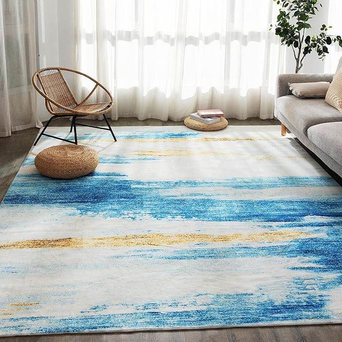 Carvapet Rugs for Living Room, Sky Blue Modern Abstract Low Pile Large Carpet with Rubber Backing, Foldable, Non Slip Machine Washable (7 x 5 Feet Rectangular, Blue Area Rug)