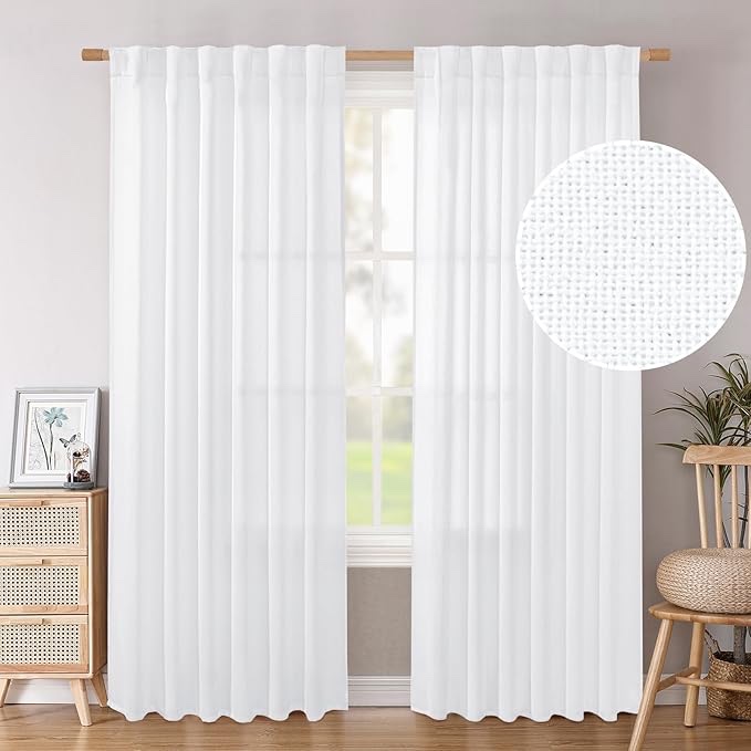 BGment Natural Faux Linen Curtains for Bedroom, Rod Pocket and Back Tab Linen Semi Sheer Drapes Light Filtering Privacy Window Treatments Curtains for Living Room, 2 Panels, 52 x 108 Inch, White