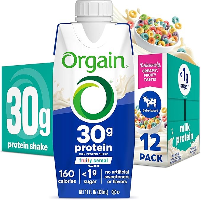(Dec 07 2025) Orgain 30g High Protein Shake, Dairy Isolate Milk Protein, Fruity Cereal, 6g BCAAs, <1g Sugar Per Serving, Meal Replacement, Ready to Drink, Keto Friendly, Gluten-Free 11 Fl Oz (Pack of 12)