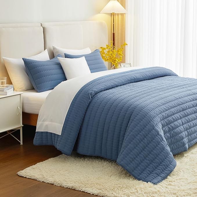 Hisnug Black Quilt Queen Size, Lightweight Oversized Queen Quilts Bedding Set, Soft, Comfortable, Breathable Quilted Bedspread Coverlets for All Seasons, 3 Pieces, 1 Quilt and 2 Pillow Shams, Blue