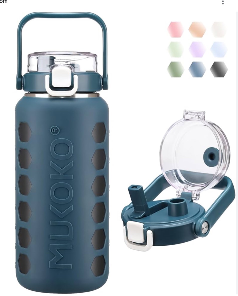 MUKOKO 64oz Insulated Water Bottle with Straw, Half Gallon Stainless Steel Water Bottles, Double Walled Hydro Water Jug/Flask, Large Metal Thermal Cup with Silicone Sleeve - Blue