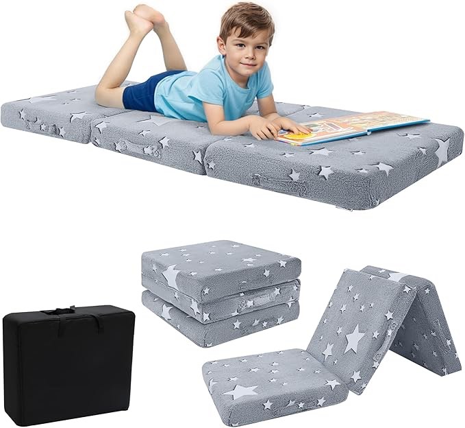 MeMoreCool Foldable Floor Mattress for Kids, Toddler Floor Nap Mat for Sleeping Daycare, Small Child Foldable Mattress Floor Bed, Trifold Futon Portable Tri Folding Mattress, 57x22 Inch, Grey Stars