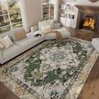 Washable Vintage Area Rug 5x7 Large Boho Non-Slip Backing Green Area Rug for Bedroom Living Room Non