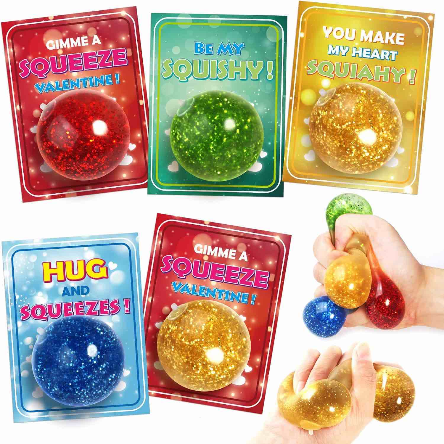 OCHIDO Kids Valentine's Day Greeting Cards With Squeeze Ball Stretchy,24 Pack Kids Valentine Exchange Cards for Girls Boys School Class Exchange Gifts,Classroom Prizes, Bulk,Valentine Party Favor 3+ AGE