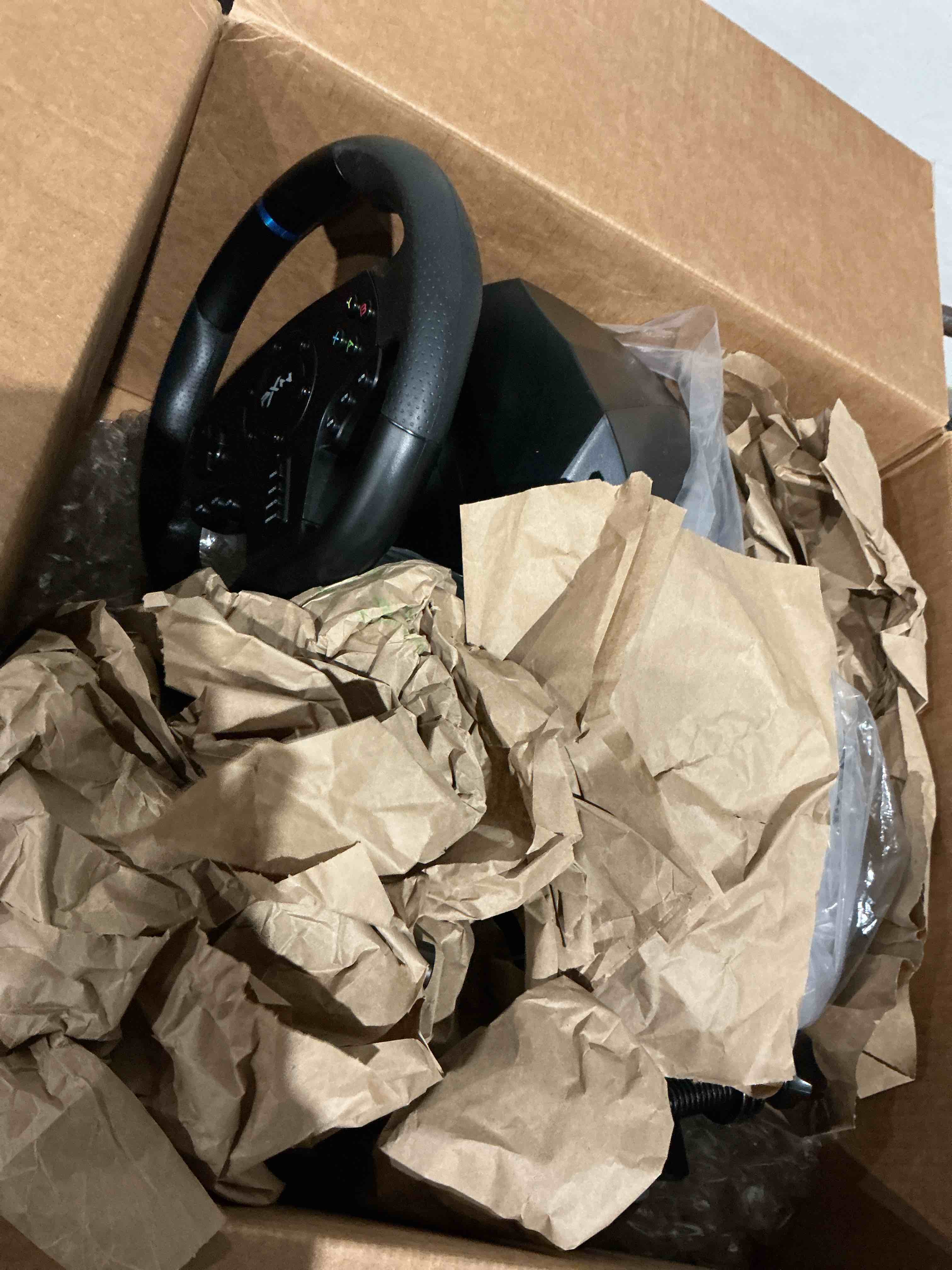 Condition photo showing As Is for missing shifter as is!! pxn v9 steering wheel for pc, ps4, xbox, switch - universal usb sim racing wheel, app, 270/900° adjustable, 3 pedals & shifter full bundle(black)