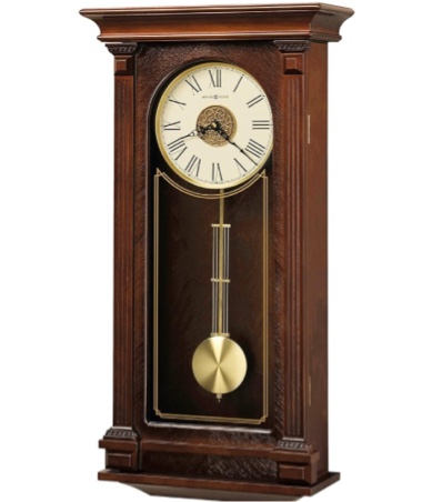 Howard Miller Sinclair Wall Clock - Wooden Finish with Teak Wood Veneer & Fluted Columns, Dual Westminster & Ave Maria Chime, Brass Pendulum, Roman Numerals, Battery Operated Decor for Home & Office