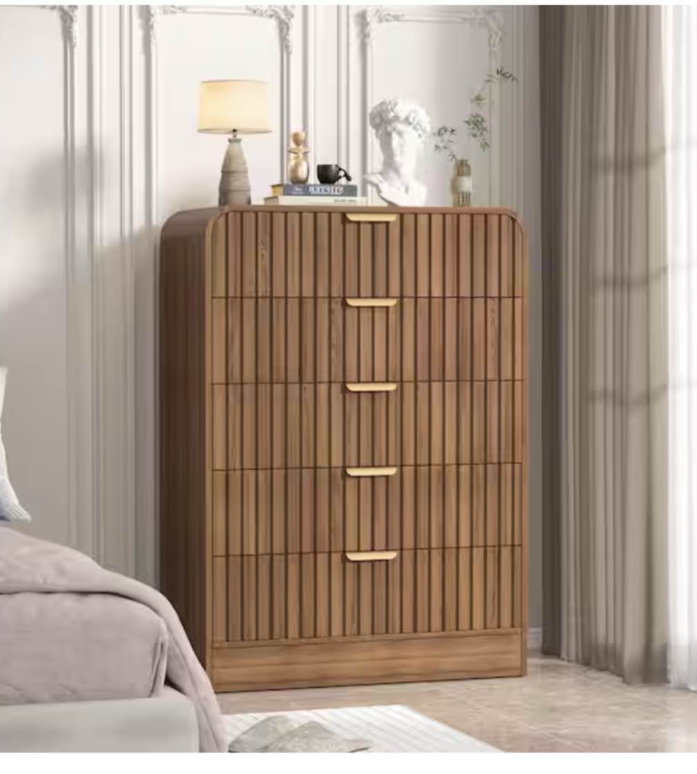 incomplet)Brown 5-Drawer 31.5 in.W MDF Chest of Drawers, Waveform Fluted Design Bedroom Dresser, Round Corner