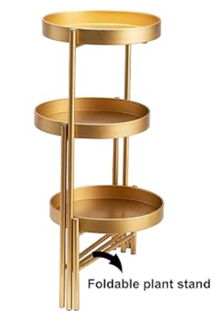 DOEWORKS 3 Tier Metal Plant Stand with three trays, Foldable Plant Holder for Living Room, Indoor Outdoor Use, Gold Color