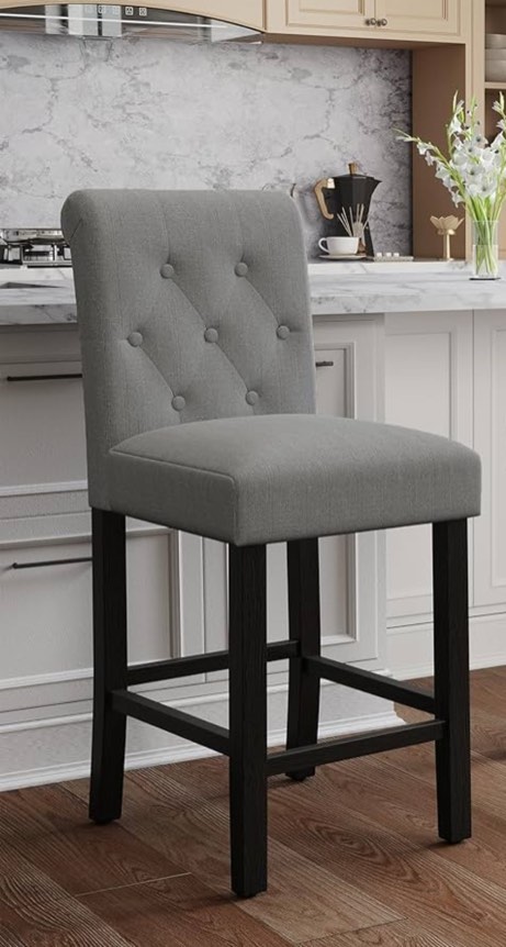 lsspaid bar stools counter height chairs, upholstered fabric padded kitchen island wood barstools with button tufted backrest and solid wood legs, grey