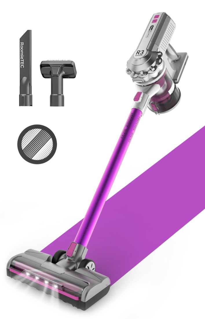 ROOMIE TEC R3 Cordless Stick Vacuum Cleaner, Fadeless Suction Power for Floor and Carpet, Up to 43 Min Powerful Battery, Bagless, Large Capacity, Extra Wide Roller, LED Headlights, and HEPA Filtration