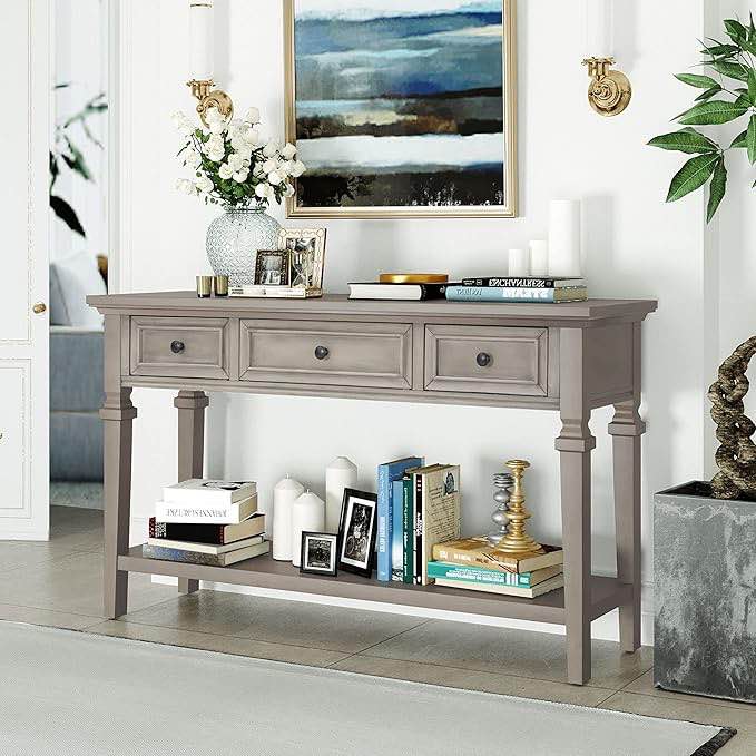 GDFStudio Classic Retro Console Table with 3 Drawers and Open Bottom Shelf, Entryway Table with Pine Wood Frame, Easy Assembly, Gray Wash